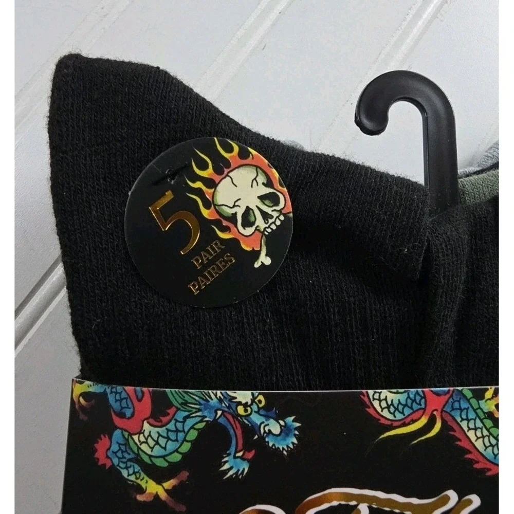 Ed Hardy Mens 5 Pairs Pack  Cushioned Crew Black Gray Green  Socks Shoe 6-12 New